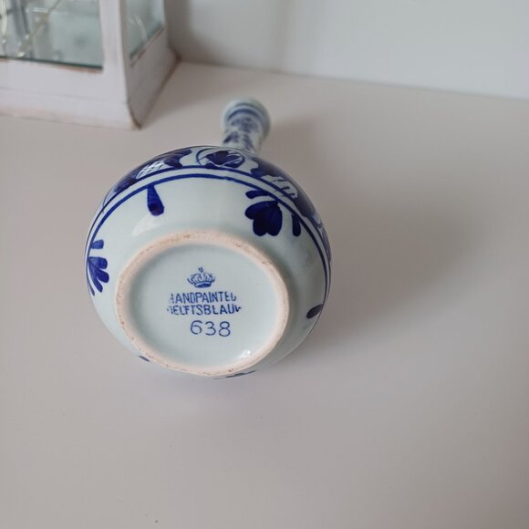 Handpainted Delft Floral Blue and White Tall Bud Vase 638 - Picture 8 of 12
